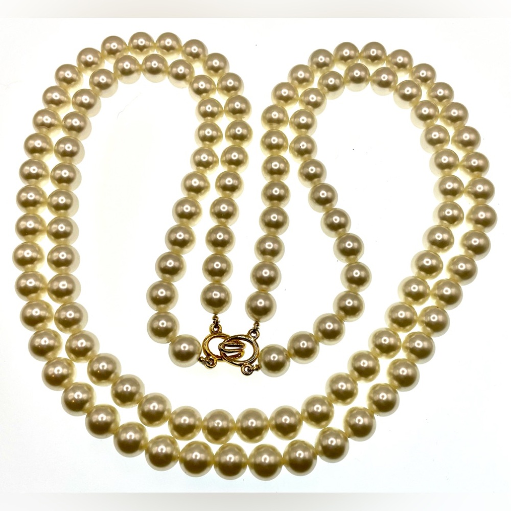Vintage Gold Tone Long Double Strand Beaded White Faux Pearl Necklace